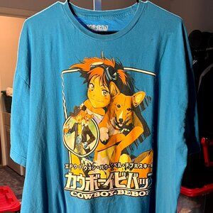 Cowboy Bebop Blue 100% Cotton w Graphic Print of Edward and Ein T-Shirt SZ 3XL